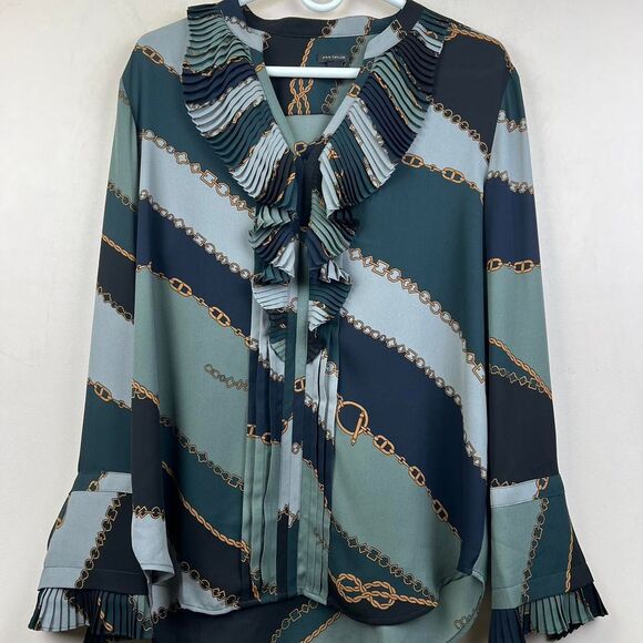 Ann Taylor blue and green chain print blouse with ruffles and buttons Size M - Picture 2 of 7
